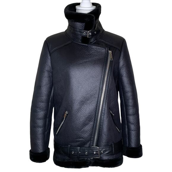 Zara Black Faux Leather Faux Fur Collar Shearling Belted Moto Motorcyle Jacket - Picture 6 of 16